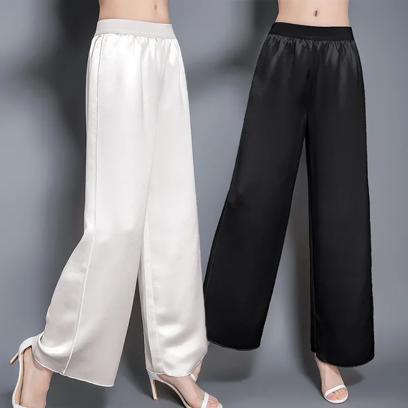Summer 2024 100% Silk Wide Leg Pants Female White Trousers