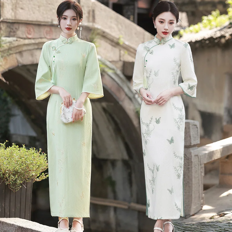 Chinese Slit Cheongsam Qipao Modern Dress Wedding Dresses For Women Traditional Navy Clothing Casual Streetwear Spring Summer