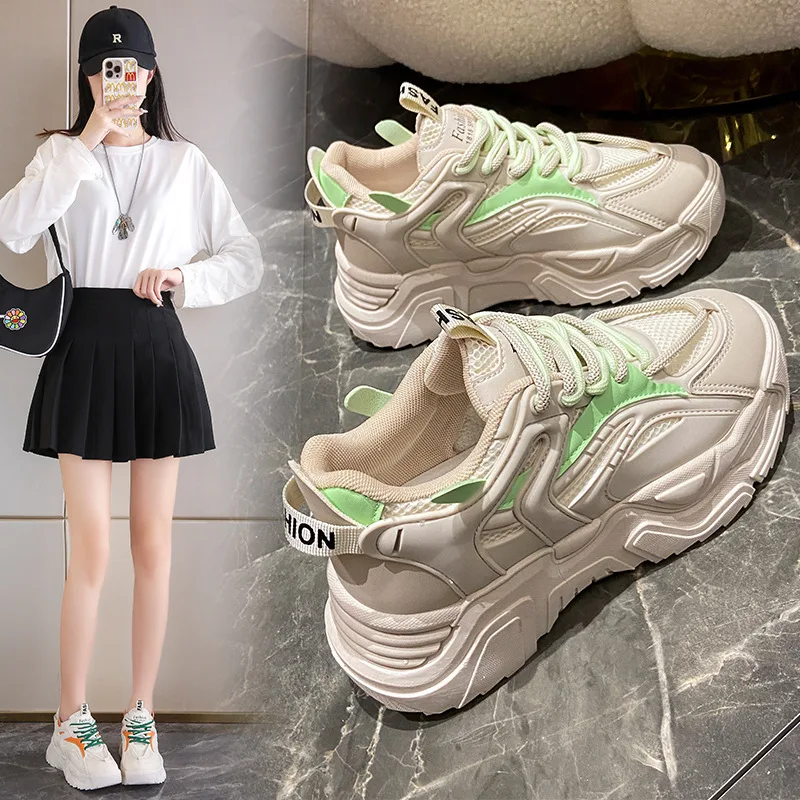2023 Autumn Women Chunky Sneakers Breathable Mesh Casual Shoes Fashion Trainers Lace-Up Platform Dad Shoes Woman
