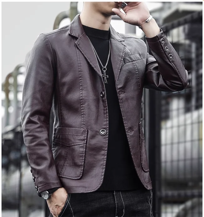 Mens Casual Leather Jacket - 2024 Fashion Slim Fit Coat 5XL BlackKahki