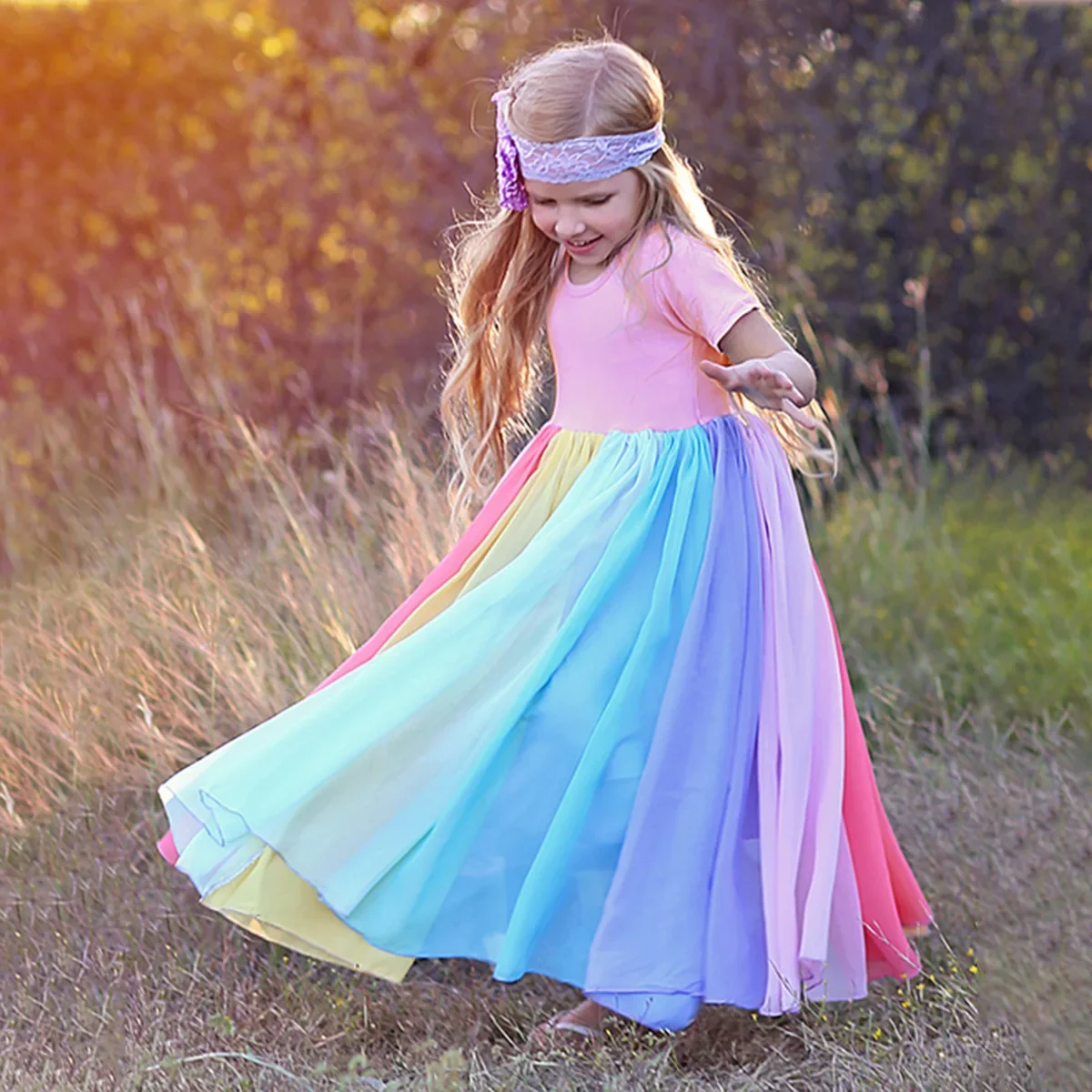 Kids Dresses for Girl Summer Children Clothes Girl Rainbow Print Princess 2-7 Year Toddler Baby Dress