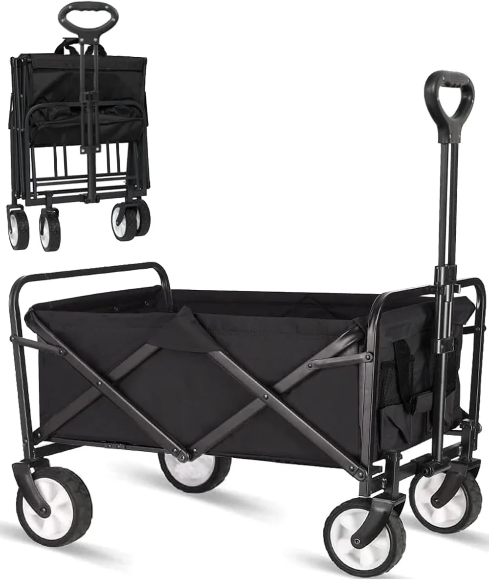 

Collapsible Folding Outdoor Utility Wagon, Beach Wagon Cart with Wheels & Drink Holders