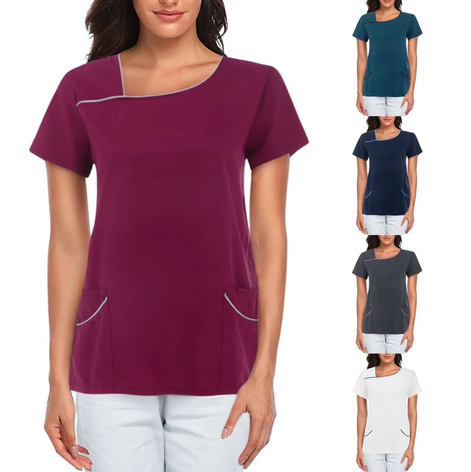 

Nurse Uniform Women Solid Color Scrubs Tops Uniforms Short Sleeve Pockets Medical Nurses Uniformes Blouse Nursing Clothes Shirts