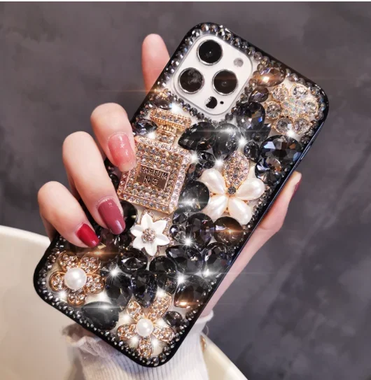 thumbnail image 1 of Funda de diamante de botella de perfume brillante de lujo para iPhone 15, 14, 13, 12, 11 Pro Max, X, XS, XR, 7, 8 Plus, cubierta trasera, 1 of 5