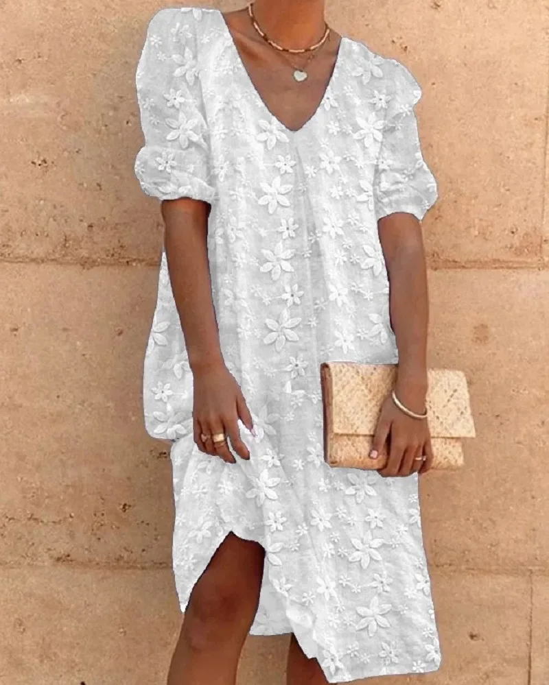 

White Flower Dress Casual V Neck Loose Waist Midi Dress Women Clothing solid color dress for women