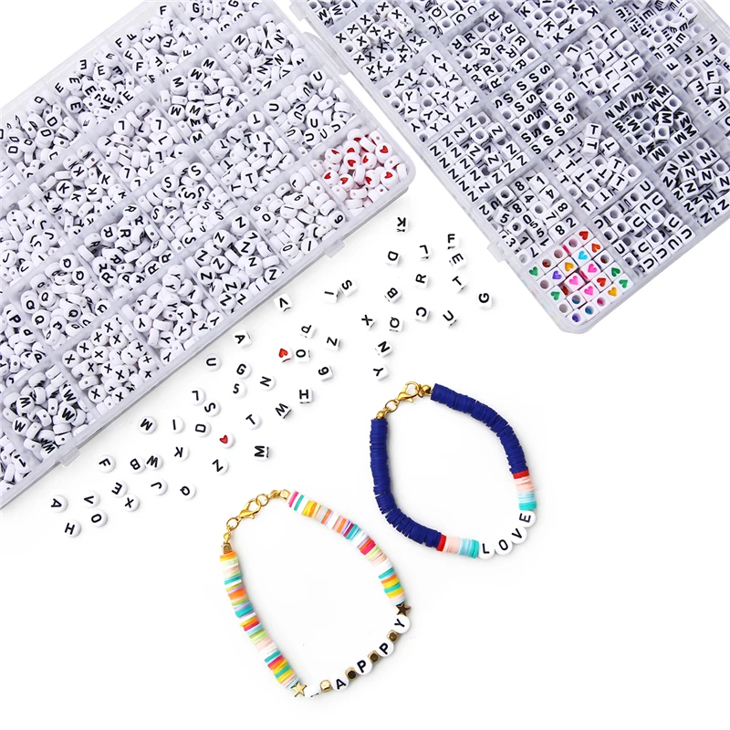 6x6mm Acrylic English Alphabet Letter Beads Kits, Stretch Cords for Name Bracelets, Jewelry Making, 1200Pcs per Box