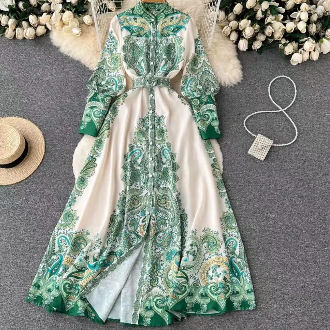 

High Quality Standing Collar Vintage Floral Dress Women 2023 Autumn New Style Elegant Slim Fit A-line Long Dress