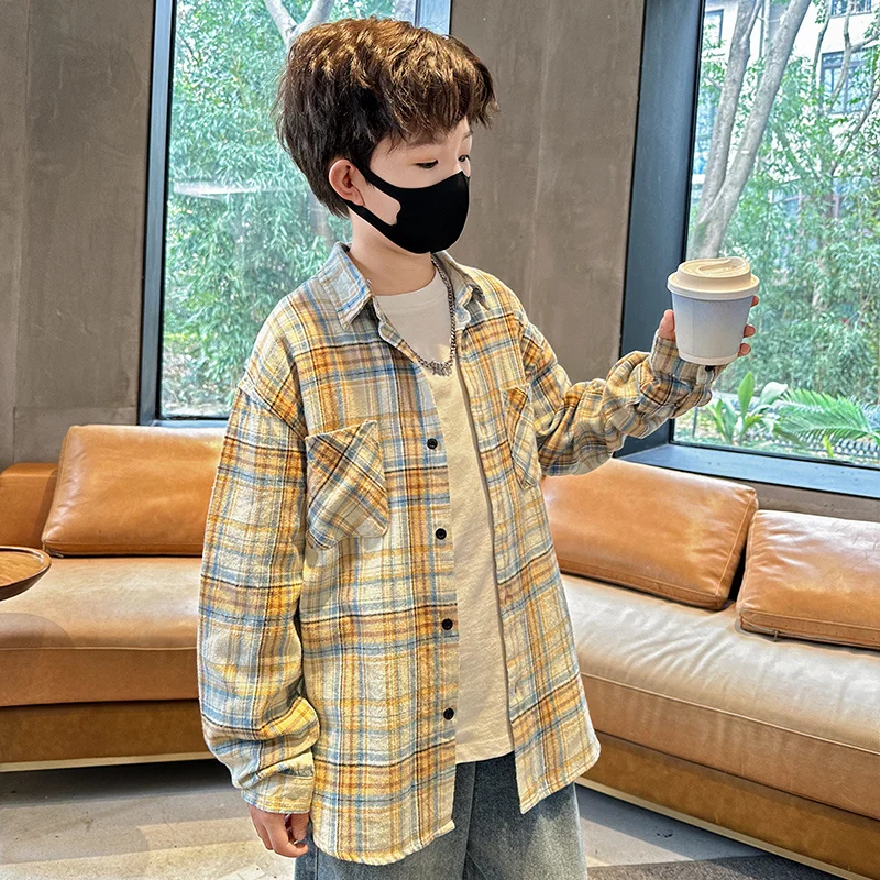 소년 캐주얼 블라우스에 대 한 주머니와 어린이 패션 클래식 격자 무늬 셔츠 십 대 어린이 탑 새 봄 긴 소매 소년 옷 복장