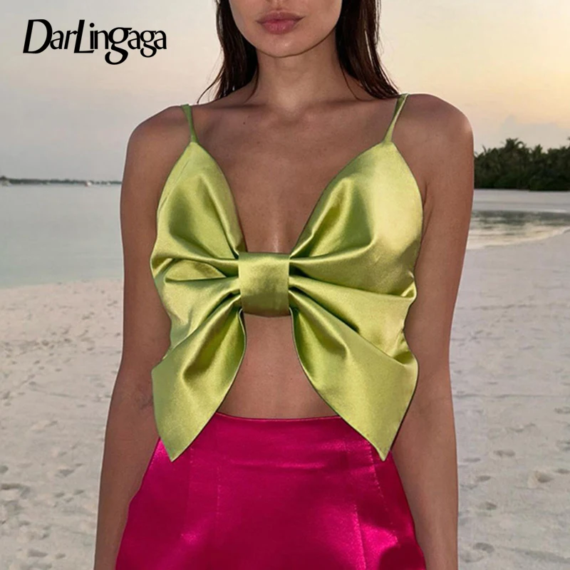 

Darlingaga Fashion Strap Twisted Satin Top Mini Summer Outfits Rave Holidays Backless Tie-Up Folds Sexy Camis Tops Women Party