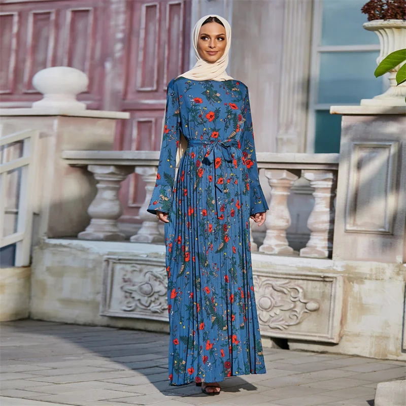 

Floral Maxi Dress for Women 2022 Eid O Neck Flare Long Sleeve Pleated Swing Elegant Belted Arabic Oman Muslim african dress Clot