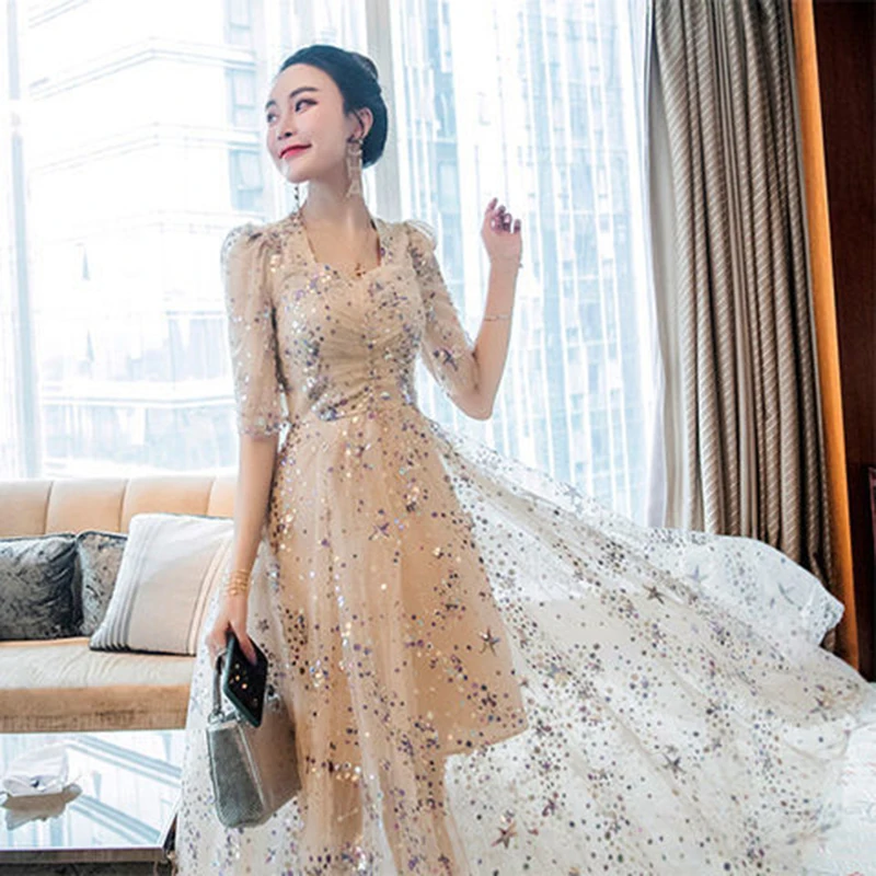 

Новинка весна-осень 2022 детское платье принцессы длинное платье богини блестящее платье с пятиконечными рукавами