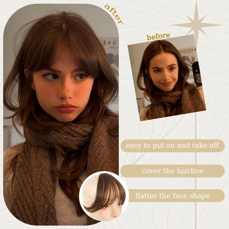 Synthetic Clip in Hair Bangs Wig Wispy Side-swept Bangs Hair Clip Fake Bang Fringe with Temples Hairpiece for Women Daily Use