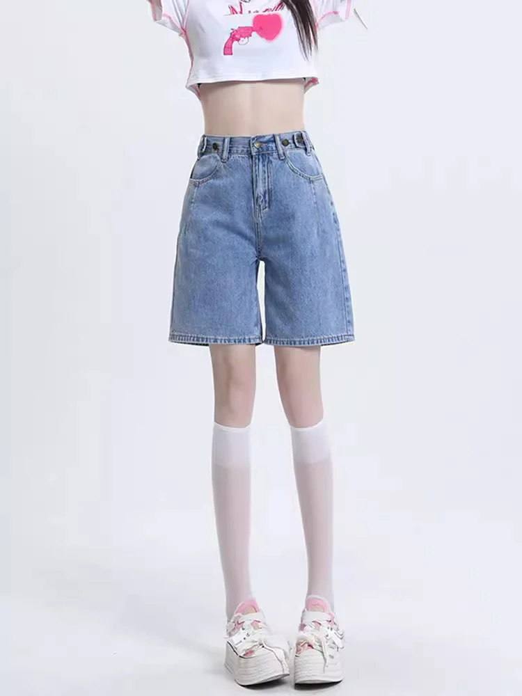 New Women Summer Denim Shorts Fashion High Waist A-Line Vintage Blue Thin Shorts Casual Simplicity Loose Jeans Shorts