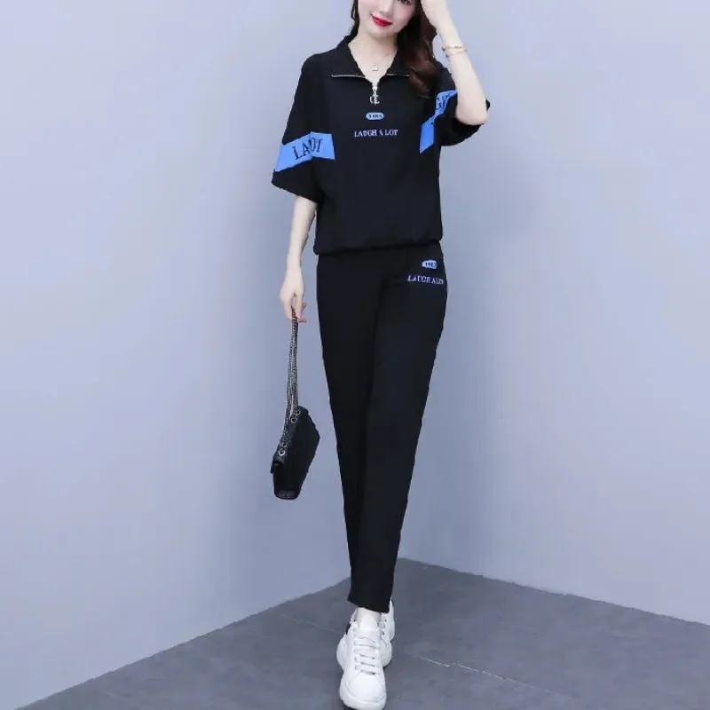 Summer Women's Casual Sports Suit Fashion Oversized Loose Versatile Lapel Short Sleeve T-shirt Straight Leg Pants Two Piece Set