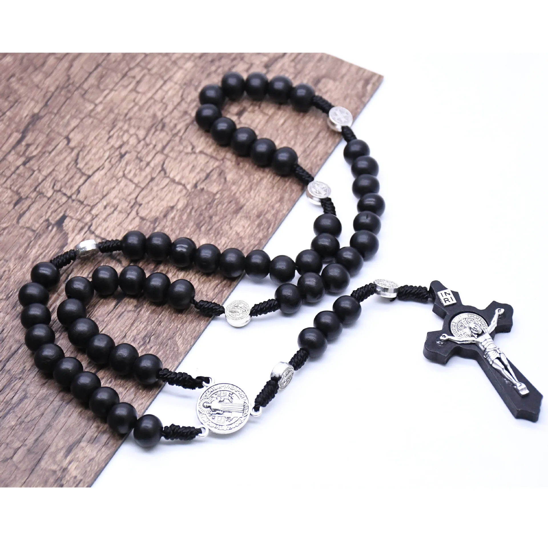 Christian Cross Crucifix Religious Rosaries Church Supplies Rosary Car Natural Wood Crosses Rosary Necklaces Hand-knitted Black
