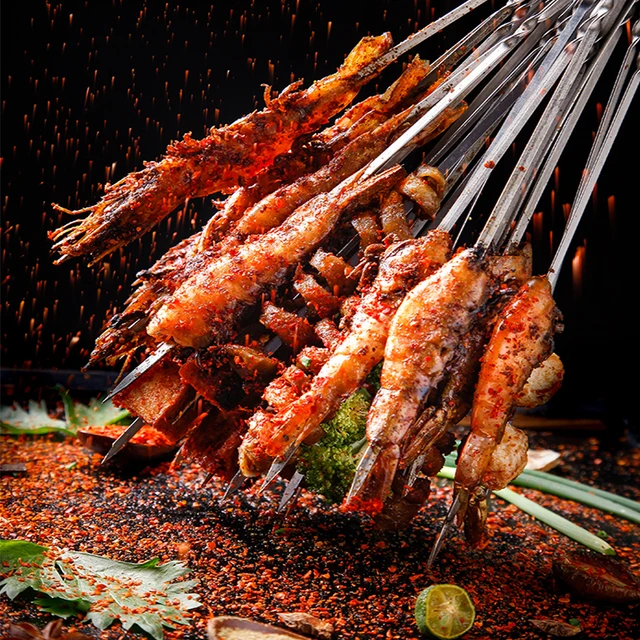 Rozsdamentes Acél Grillezői Nyársai 50/100 Db Újrafelhasználható 35 Cm -Es Lapos Villák Tű Shish Kebab Bbq Szerszám Kiegészítők Kültéri Kempinghez - Image 2