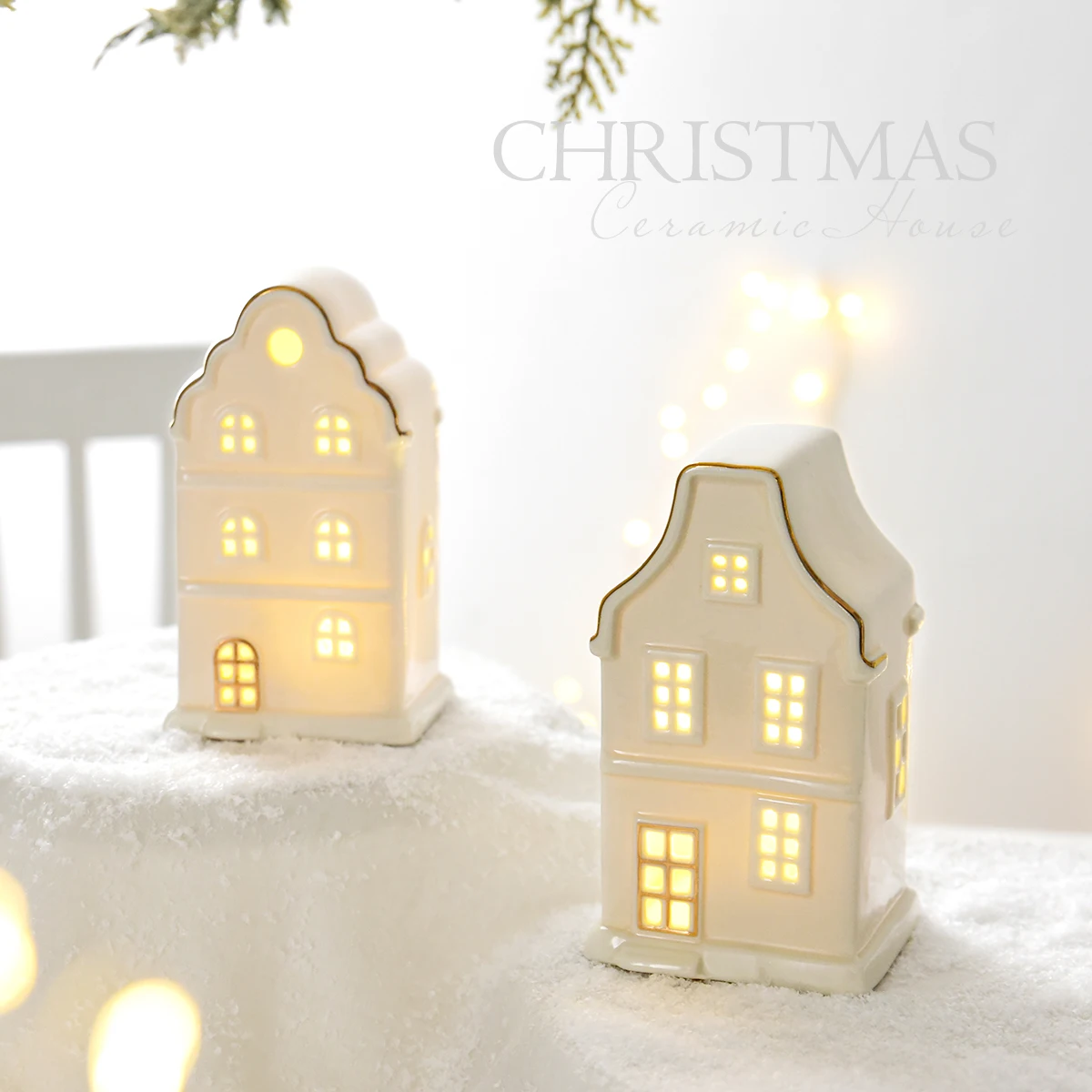 European ceramic small house Christmas ornaments luminous snow house Christmas small scene decoration arrangement