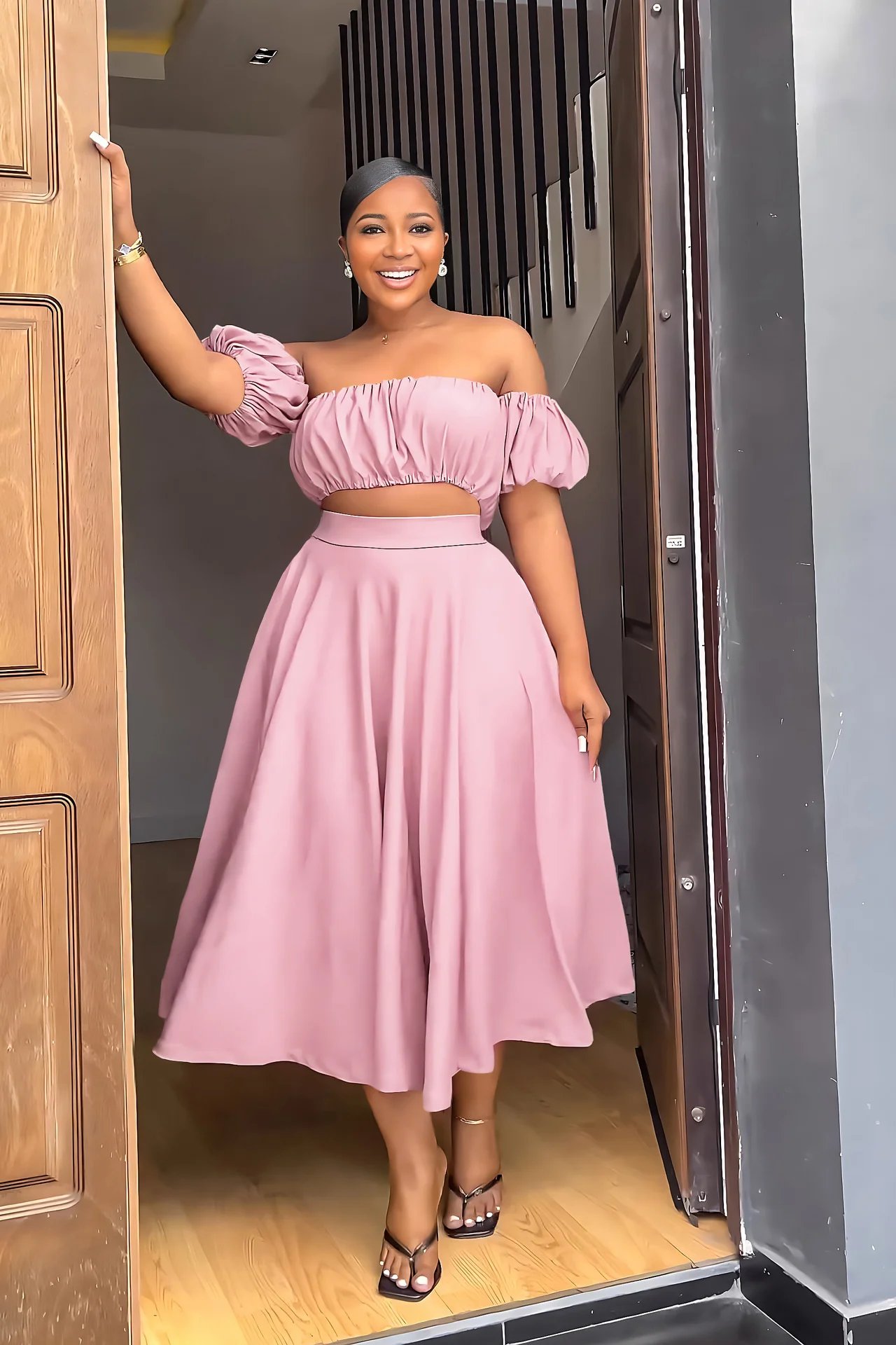 

Cutubly Elegant Pink Outfits For Women Sexy Off Shoulder Lantern Sleeve Crop Top And High Waist Loose A-Line Skirt 2 Piece Sets
