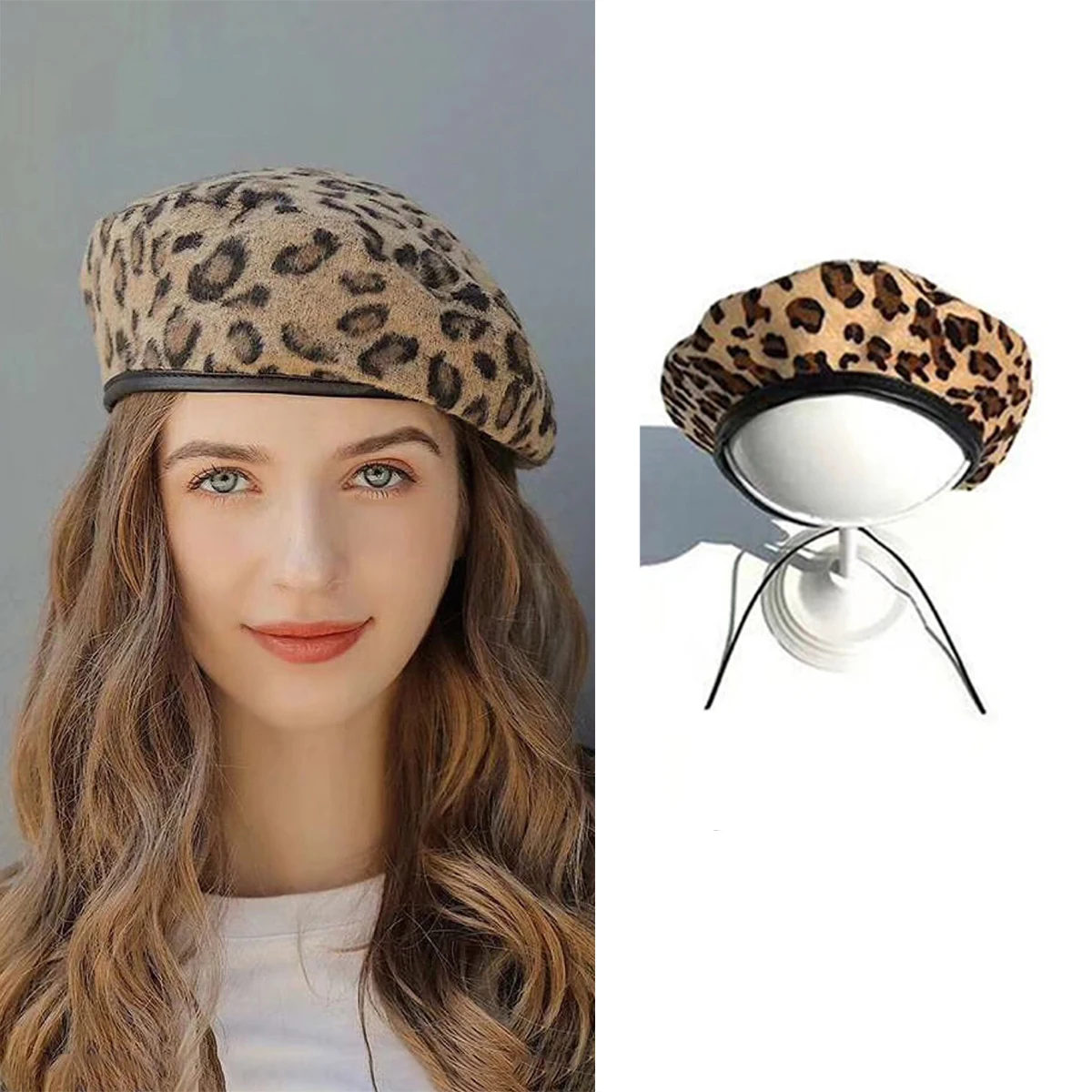 

Women's Leopard Print Hat Fashion Beret Vintage Hats Leopard Felt Hat Beanie Girls Cap French Berets With Adjustable Rope