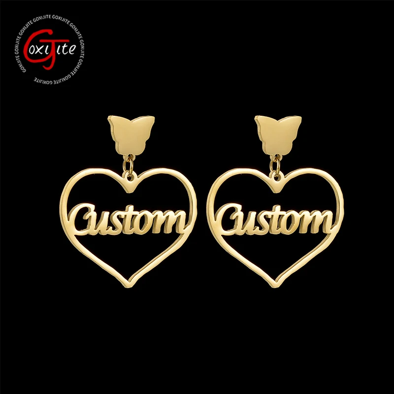 

Goxijite Custom Name Stud Earring For Women Stainless Steel Personalized Butterfly Heart Nameplate Piercing Earrings Party Gift