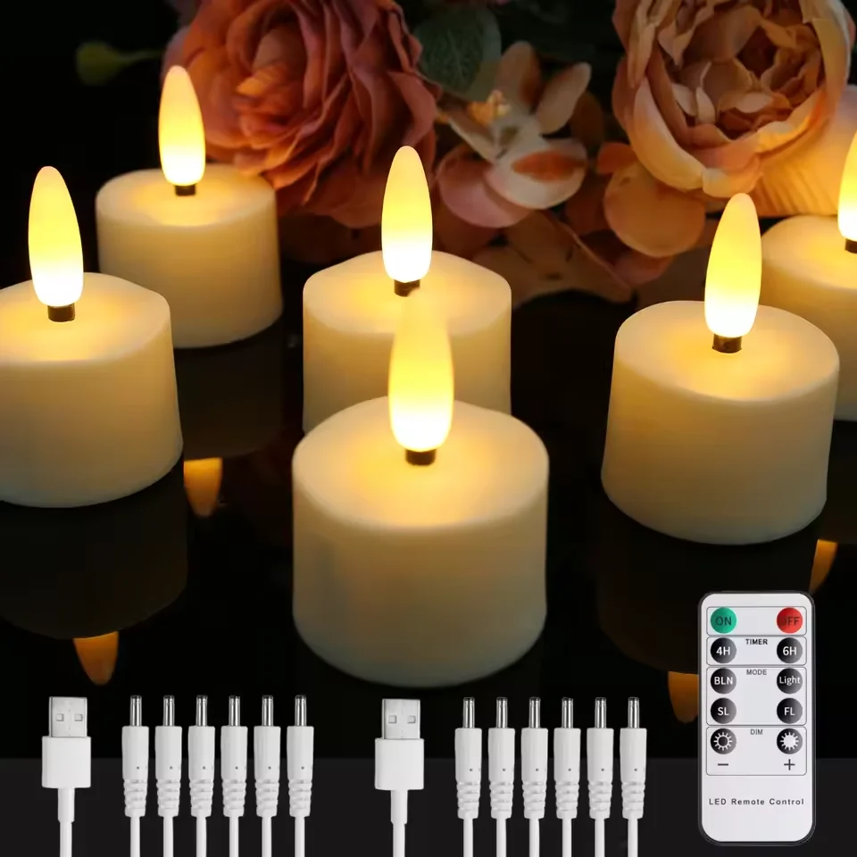 נרות LED נטענים בגוון שנהב עם שלט רחוק וכבלי טעינה