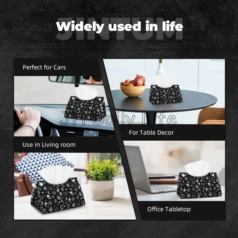 Gothic Skull Cat Moon Pattern Facial Tissue Box Cover Rectangular Waterproof PU Leather Tissue Holders for Home Office Car Decor 6