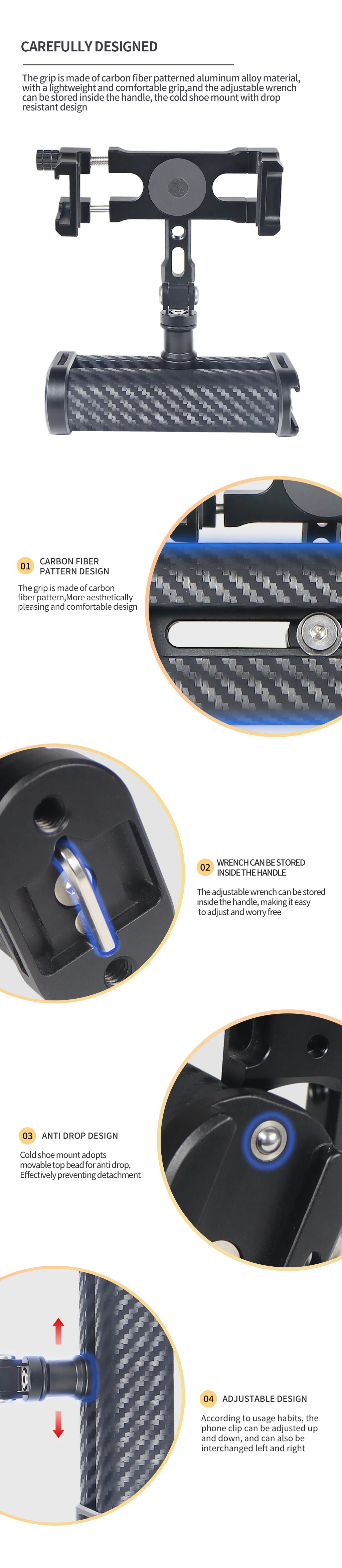 Handy Handst änder Telefon halter Halterung drehbar faltbar Handgriff Aluminium für Selfie Vlog Videofilm Live-Filmemacher – Detail 7