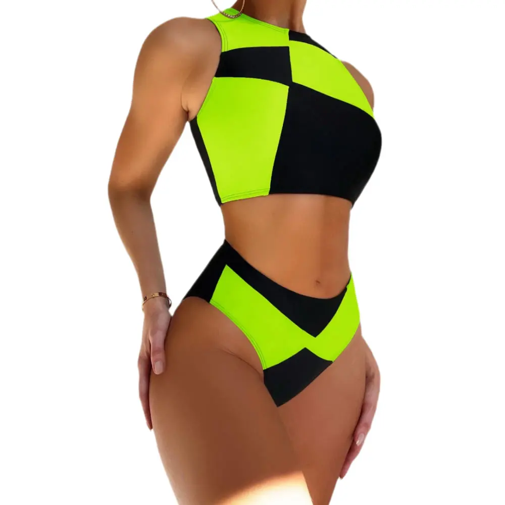 

2023 Women's Swimwear Irregular Square Cutting Plaid Women Bikini Set High Neck Sleeveless Swimsuit Sexy Patchworks Bathing Suit