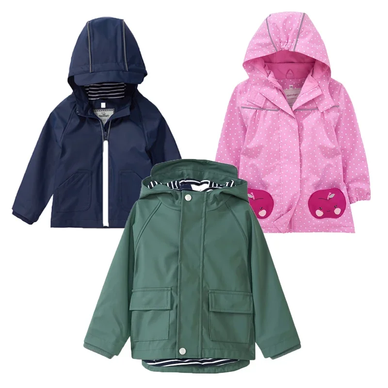 

2024 PU Waterproof Baby Boy Jacket Outdoor Sport Girl Rain Coat Hooded Beach Kids Windbreakers Spring Children Outerwear Clothes