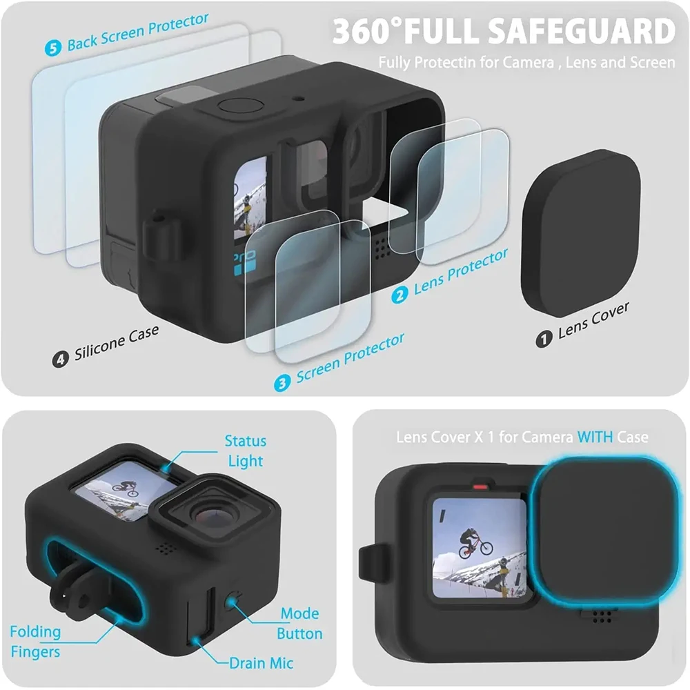 TELESIN 3 in 1 Silicone Case Protector Sleeve + Lens Cap Cover + Lanyard  Wrist Strap for GoPro HERO 12 11 10 9 BLACK