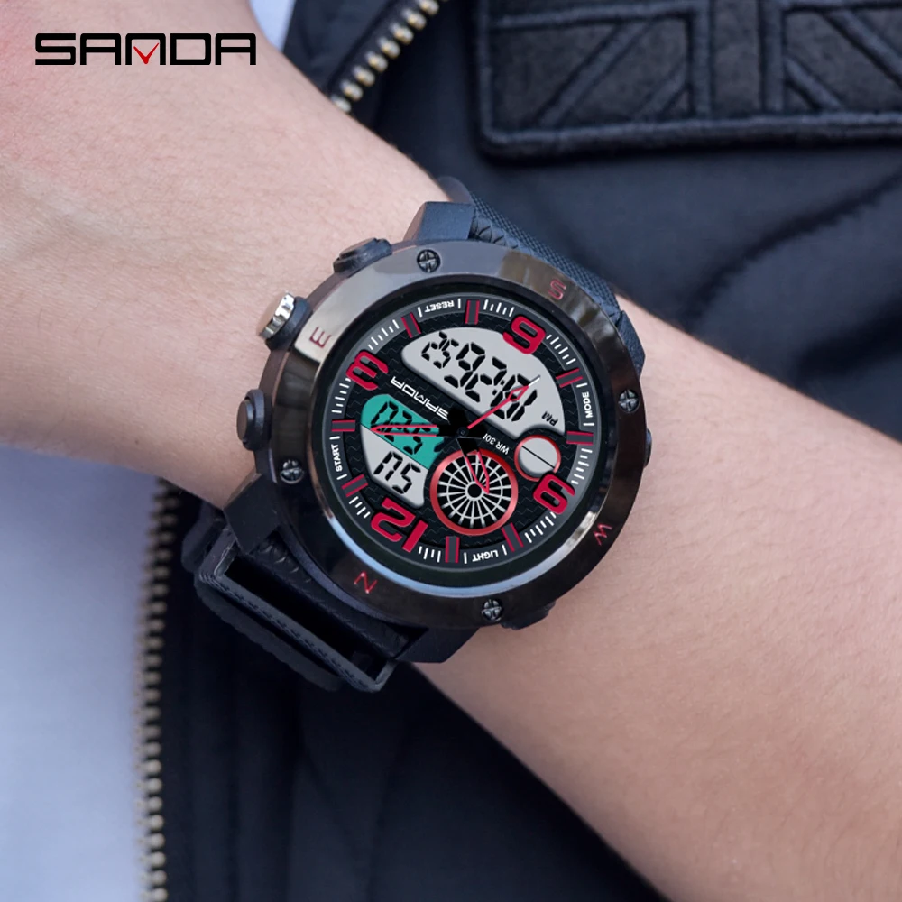 

SANDA Men'S Waterproof Watch Digital Luxury Big Brand Sports Wrist Timepiece Electronic Leather Band Shockproof Wristwatch