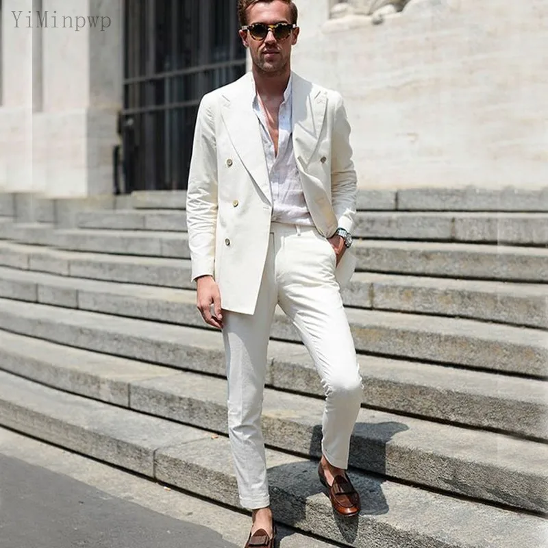 

Linen Men Suits 2 Piece Regular Fit Peaked Lapel Double Breasted Blazer Jacket Tuxedos Wedding Suit Coat+Pant terno masculino