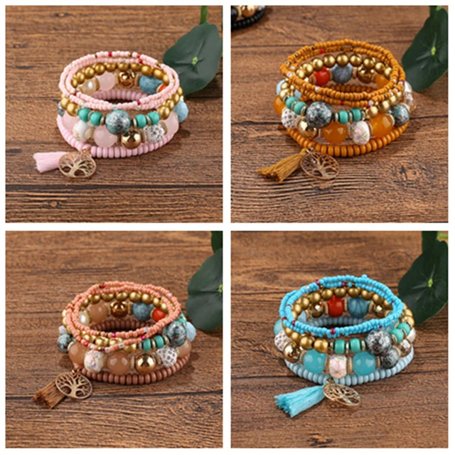 5Pcs Bohemian Handmade Bead Bracelets For Women Multilayered