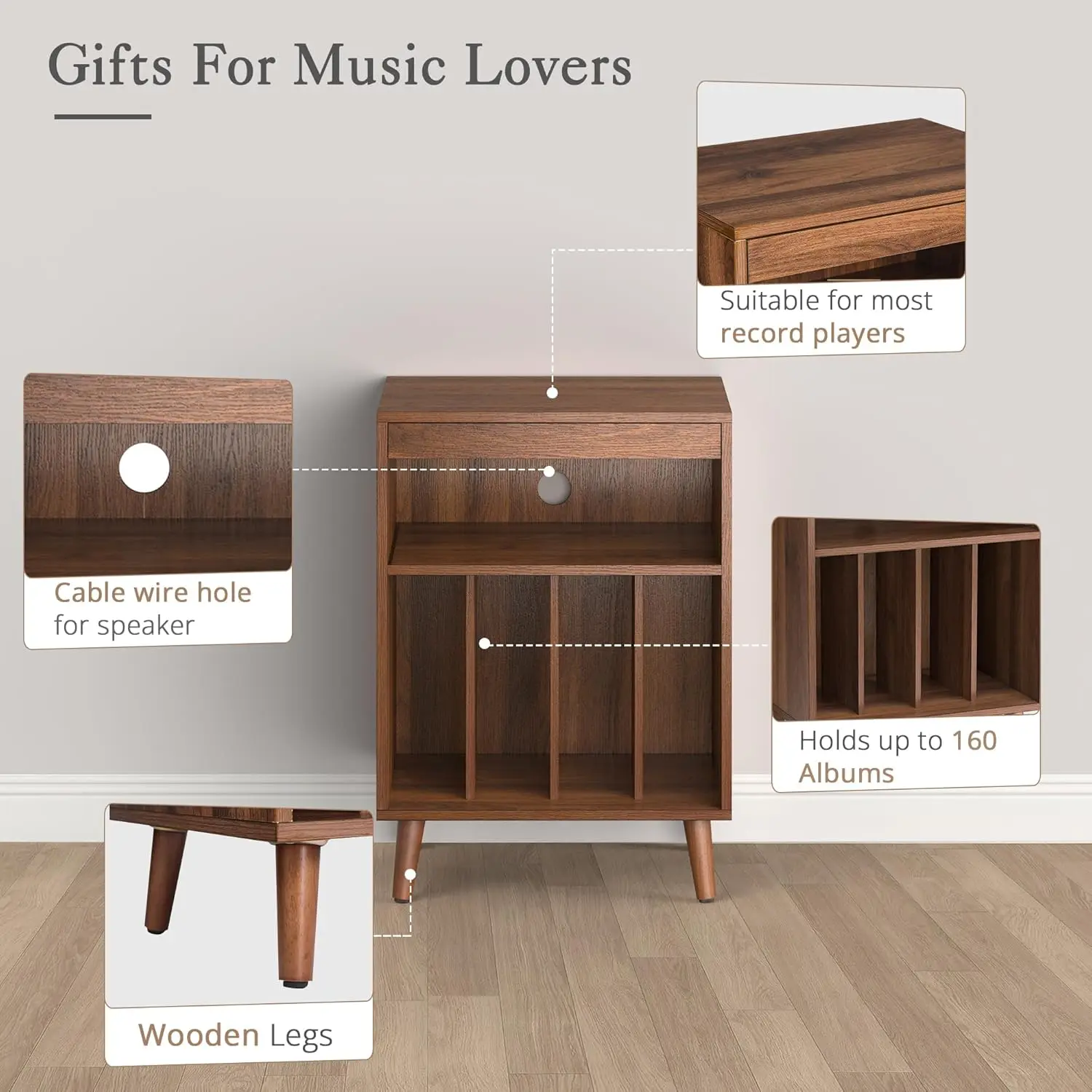 Comfort corner Walnut Turntables, Record Player Stand Table with Wood Legs, Concealment Furniture with Vinyl Storage