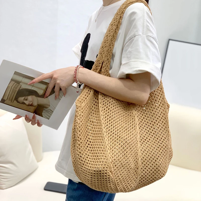Women Crochet Tote Bag Fashion Hollow Out Knitted Bag Large Capacity Handbag Female Summer Beach Solid Color Woven Shoulder Bag