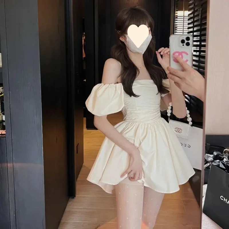 여성용 섹시한 퍼프 슬리브 미니 원피스, 실크 블랙 짧은 드레스, 오프 숄더 화이트 셔츠, 캐주얼 Y2k 의류, 여름 패션 