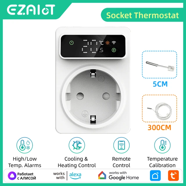 Tuya Wifi Digital Thermostat Socket 16A Precision Plug Remote Temperature Controller Timer Switch Cooling Heating 3M NTC Sensor