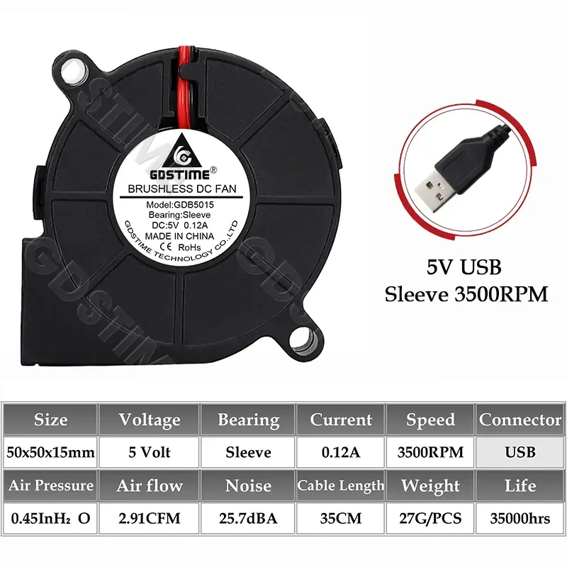 Gdstime 5015 Blower Fan 24V 12V 5V 50MMx15MM Turbine Radial Fan 5015 Dual Ball High Speed Cooler for 3D Printer Parts Cooling image 8