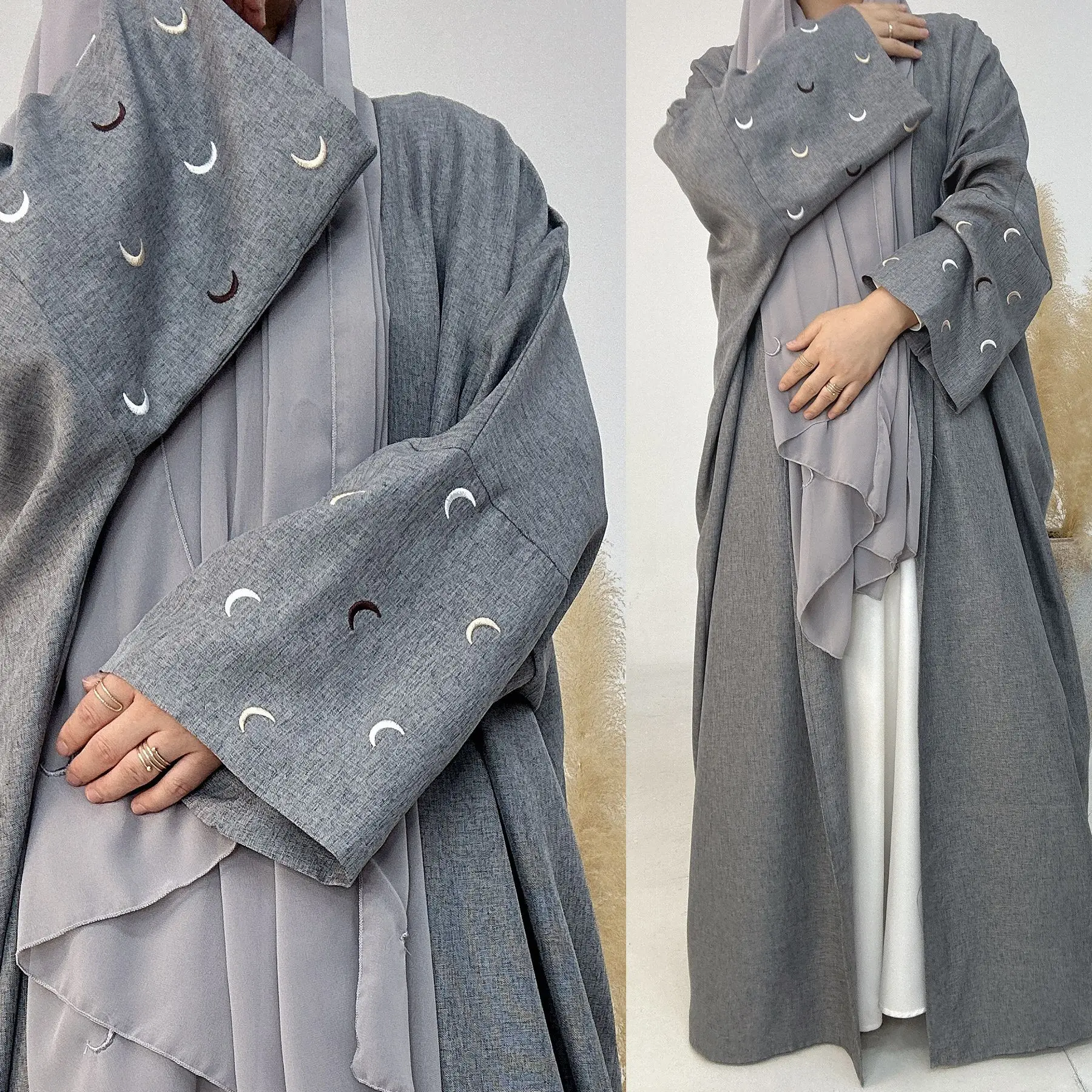 Moon Embroidery Open Abaya 2023 New Luxury Kimono Coat And Hijab Muslim Sets For Women Islam Retro Modest Clothing For Party