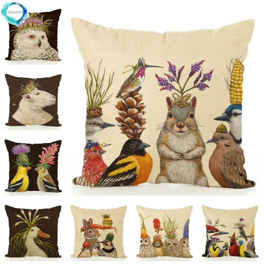 

Decorative Cushion Cover Squirrel Bird Bear Fox Animal Printed Cotton Linen Pillowcase Couch Sofa Pillow Cover Living Room Decor