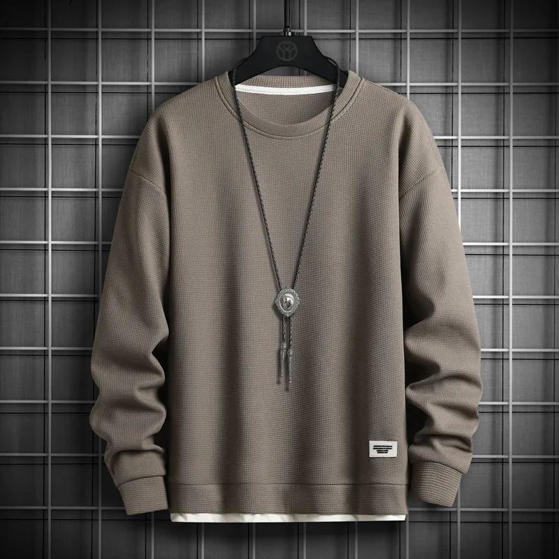 

Men's Waffle Sweatshirt Fake Two Piece Long Sleeve Solid Color Spring Fall Fashion Loose Casual Pullovers Teens Basic Daily Tops