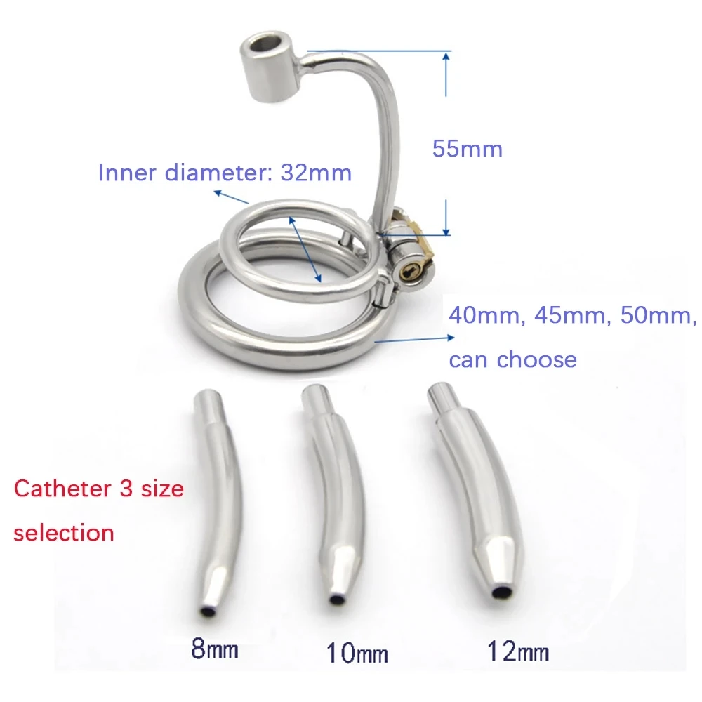 Penis Chastity Cage Chastity Lock Sex Toy Male Chastity Cage Stainless Steel with 8/10/12 Mm Urethral Catheter Penis Lock Penis Ring Device Men's Adult Erotic Sex Toys