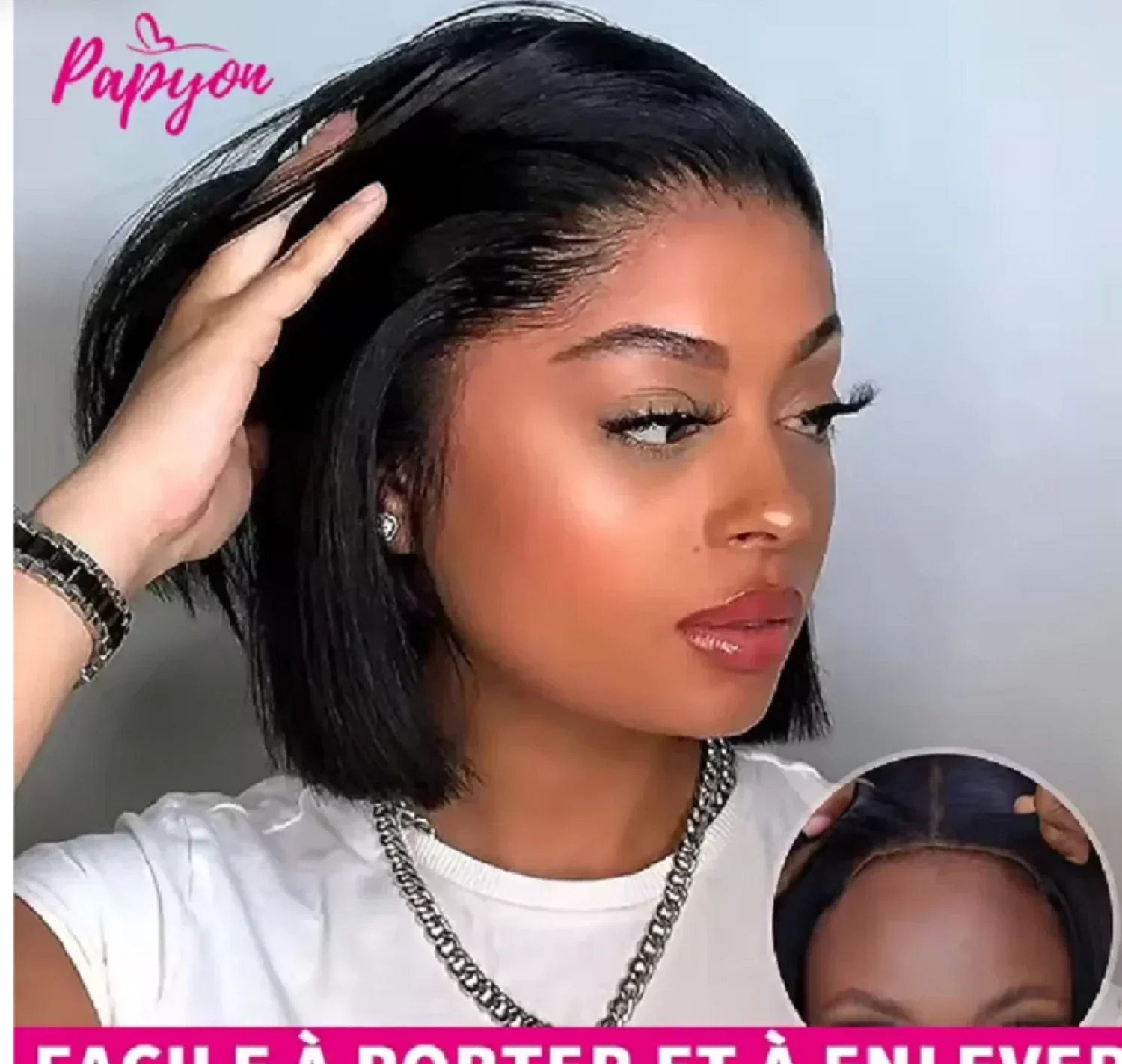Short Bob Wigs Straight Glueless Wig Ready To Wear Human Hair Wigs Pre Cut 4x4 Elastic Drawstring Upgraded No Glue Lace Air Wig 3