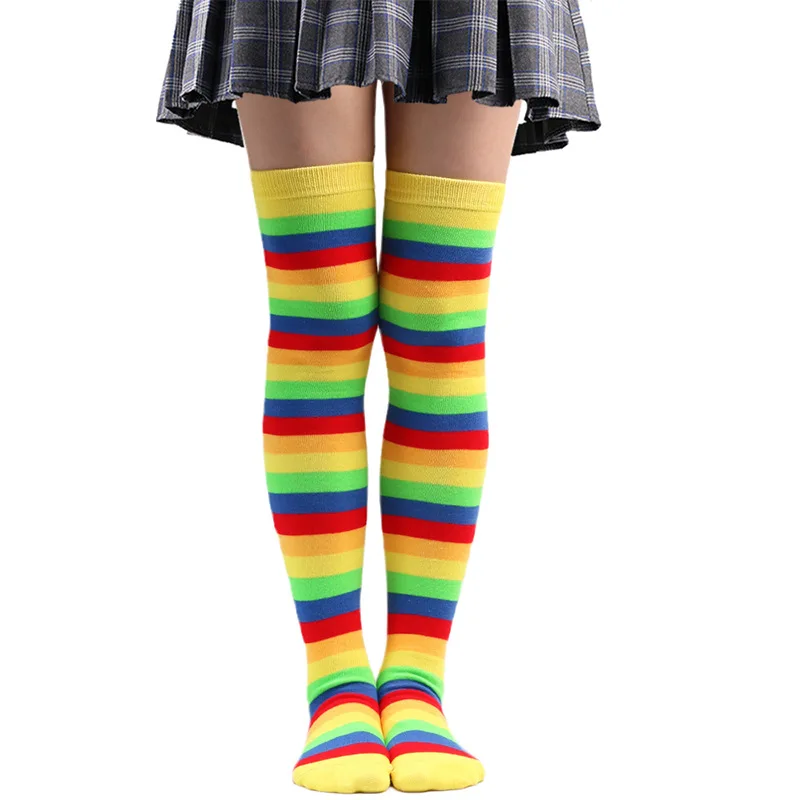 Womens Colorful Striped Stocking Socks Knee High Socks Thigh High Over The Knee Hosiery Casual Tube Socks Costume Leg Warmers