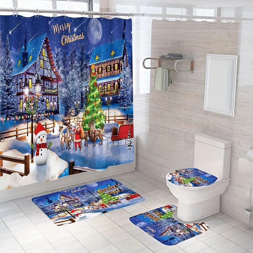 Navidad Merry Christmas Decor Shower Curtain Santa Elk Christmas Waterproof Polyester Bath Curtain New Year Bedroom Curtains shower curtains
