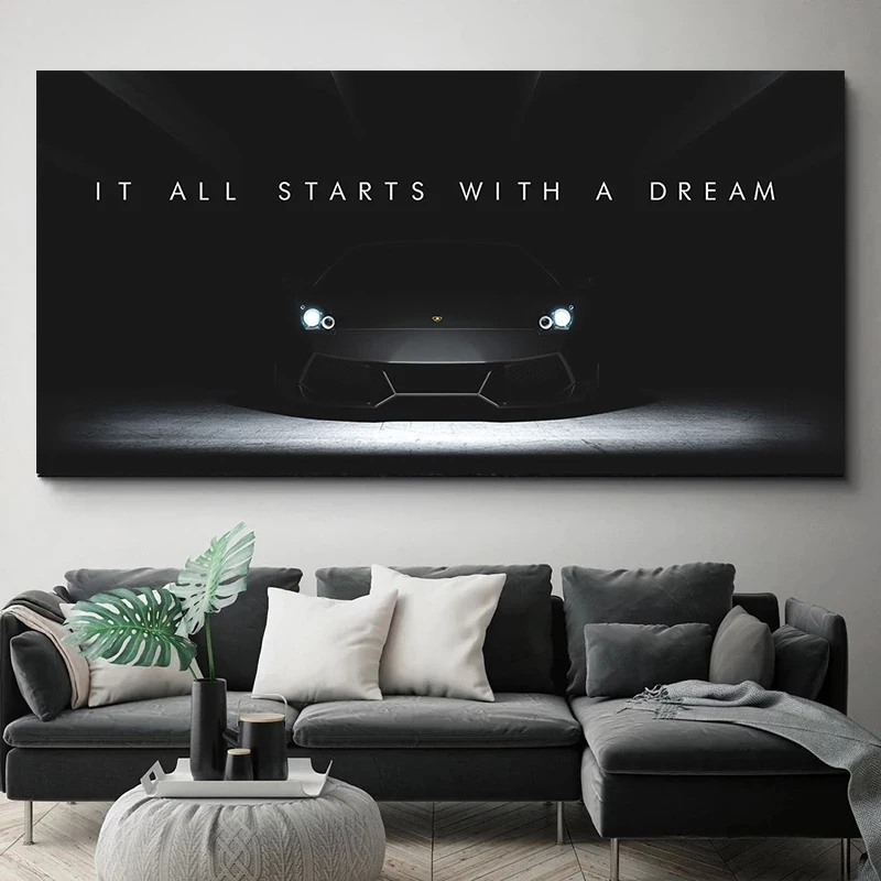 Черно-белый суперкар Ламборгини успех цитаты это все начинается с мечты постер Холст Живопись стены картины Домашний декор