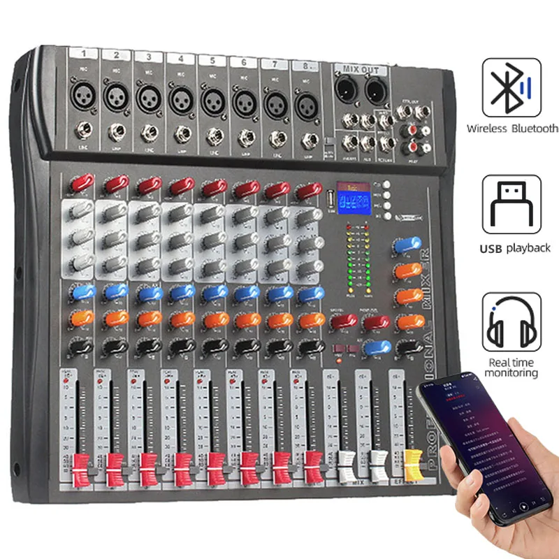 

8 Channels Audio Mixer Amplifier With USB for Home Karaoke Speaker DJ KTV Party Stage Church Show BT PA System Sound Mixer