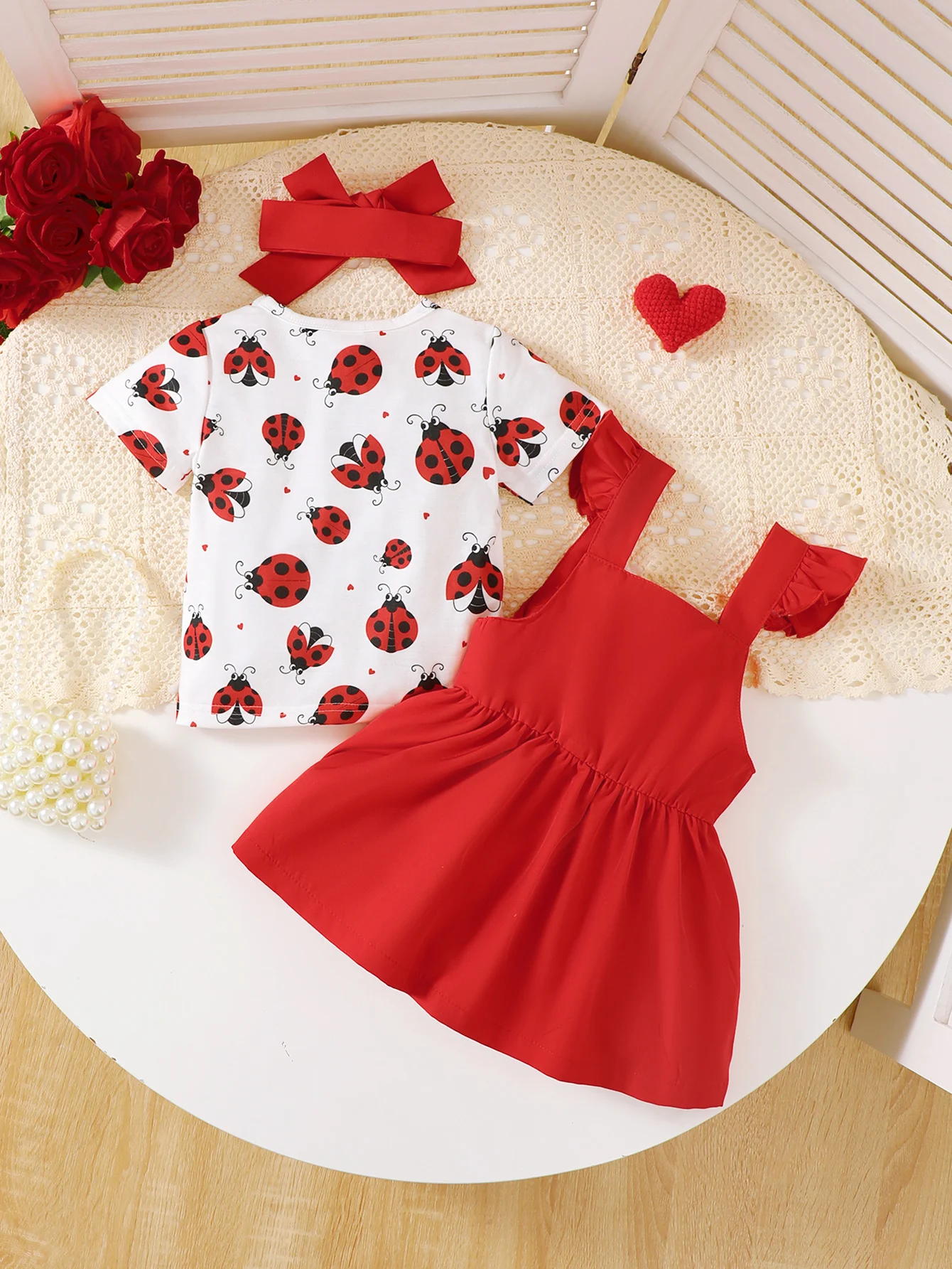 Baby Girl Ladybug Printed Outfit Set 3PCS Short Sleeve T-Shirt + Suspender Skirt+Headband for0-3Y Newborn Summer Casual Clothes 2