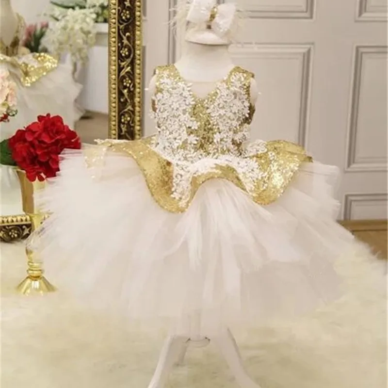 baby-95Arabic laces appliques gold sequins puffy girls dresses kid toddler birthday party dresses toddler pageant gown