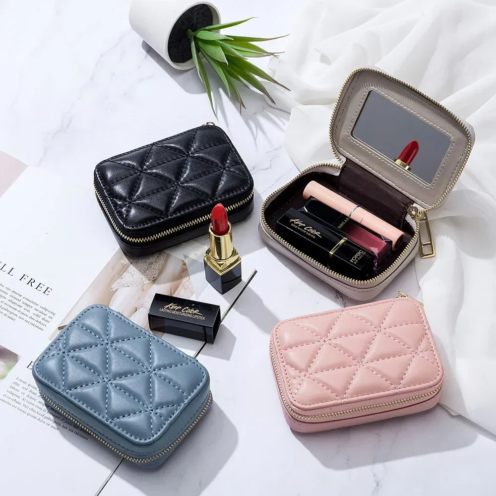 Portable Leather Cosmetic Bag Mini Lipstick Envelope Fashion Coin Purse with Makeup Mirror 4